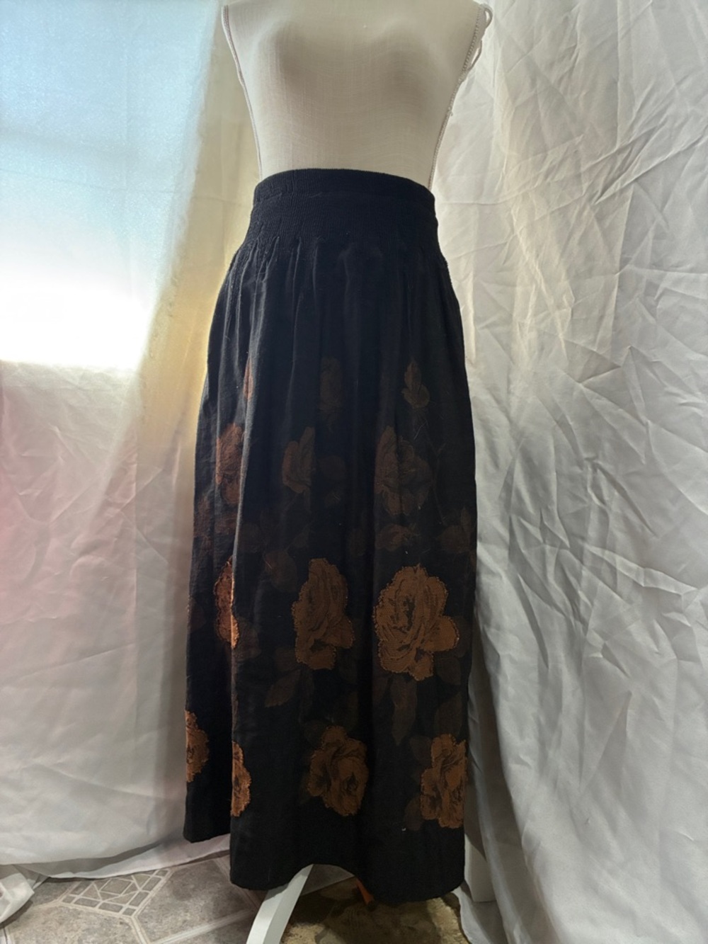 Coldwater Creek Black Maxi Skirt with Brown Floral Motif